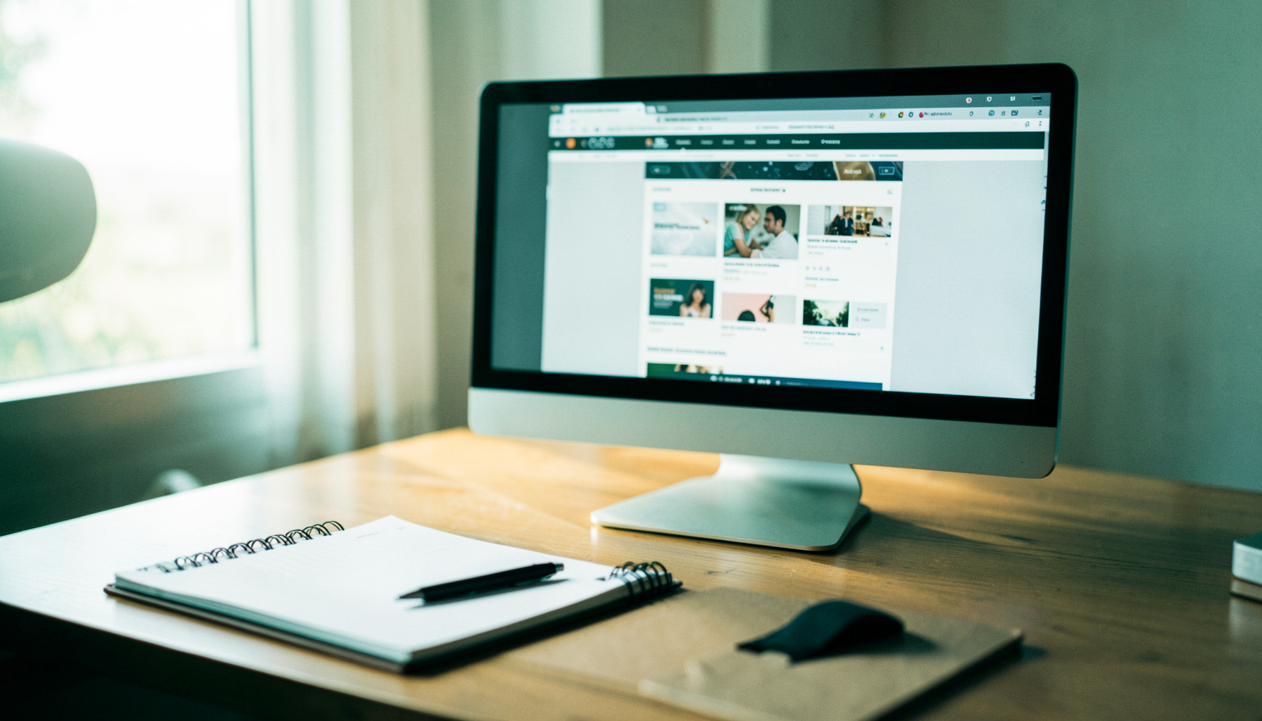 Un bureau moderne avec un écran affichant une maquette de site web, un carnet de notes ouvert et un stylo, éclairé par une lumière douce et chaleureuse.