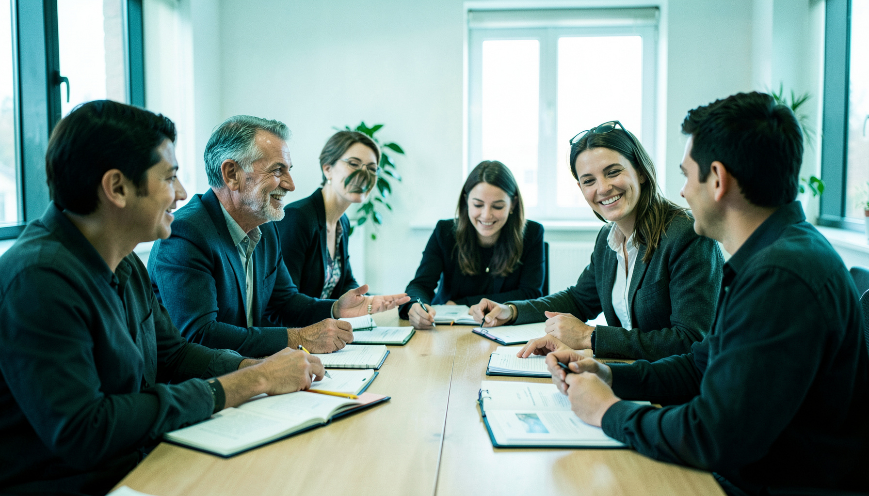 Une salle de réunion lumineuse où des collaborateurs échangent autour d'une table, carnets ouverts et sourires discrets, dans une ambiance décontractée et professionnelle.