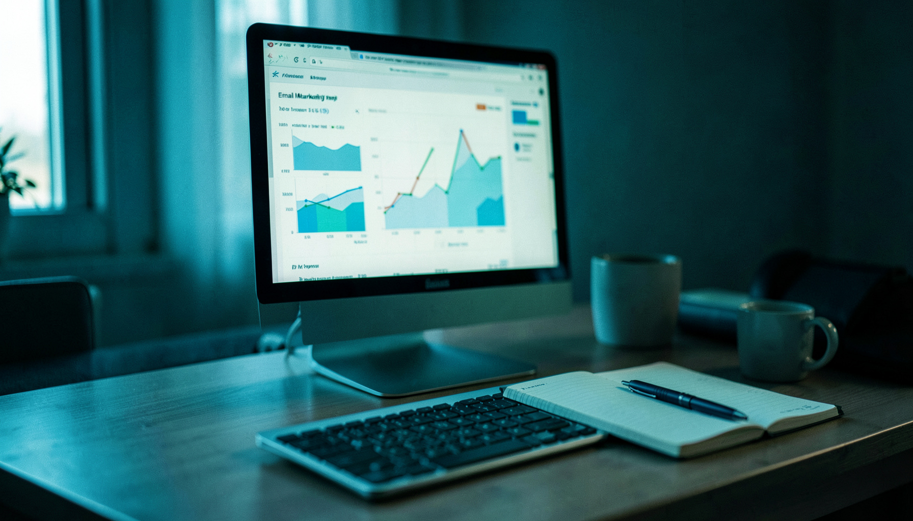 Gros plan sur un bureau moderne avec un écran affichant des graphiques d'email marketing, un carnet de notes ouvert et un stylo, ambiance tamisée aux tons bleu nuit et touches chaudes.
