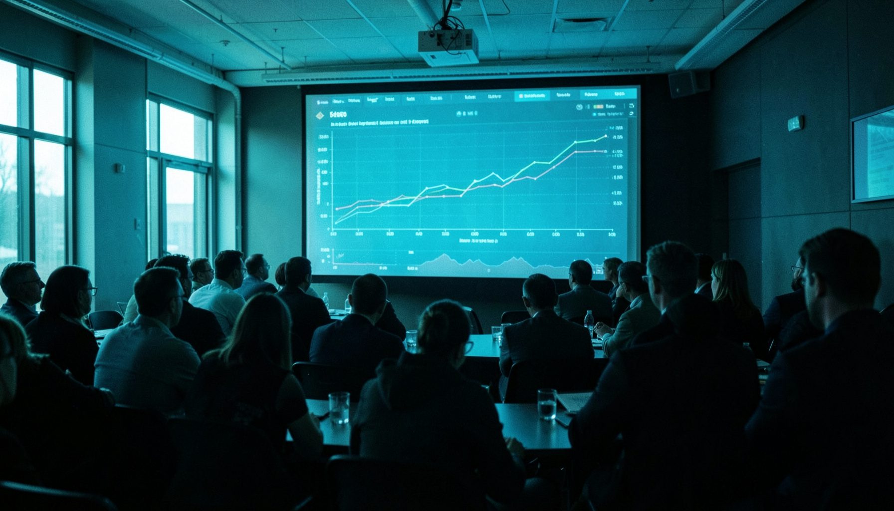 Salle de conférence plongée dans une pénombre bleutée, écran géant affichant des courbes de données, public attentif vu de dos, ambiance tech et networking